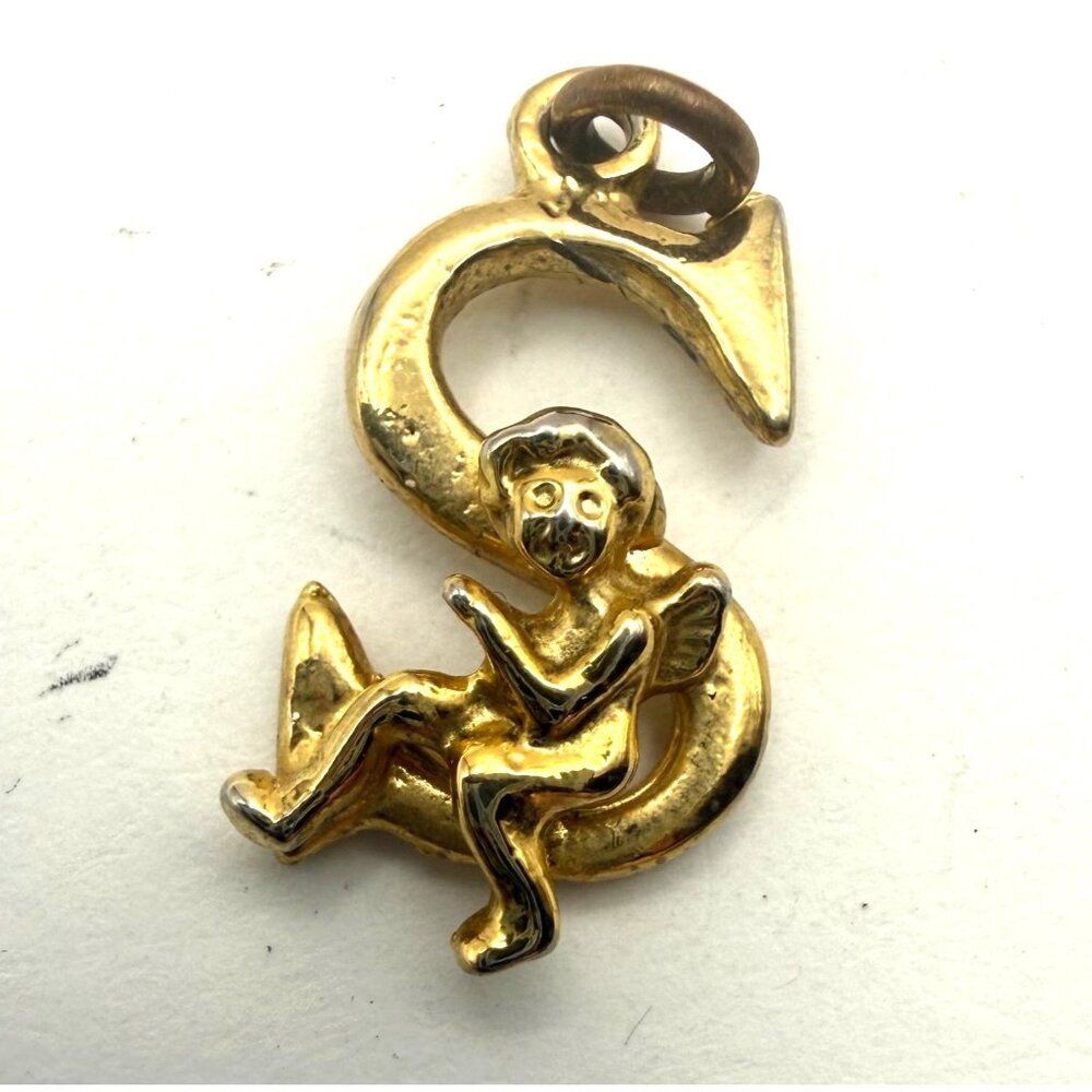 Vintage Cherub Angel Letter S Charm Pendant Gold Tone Initial Angel Cupid